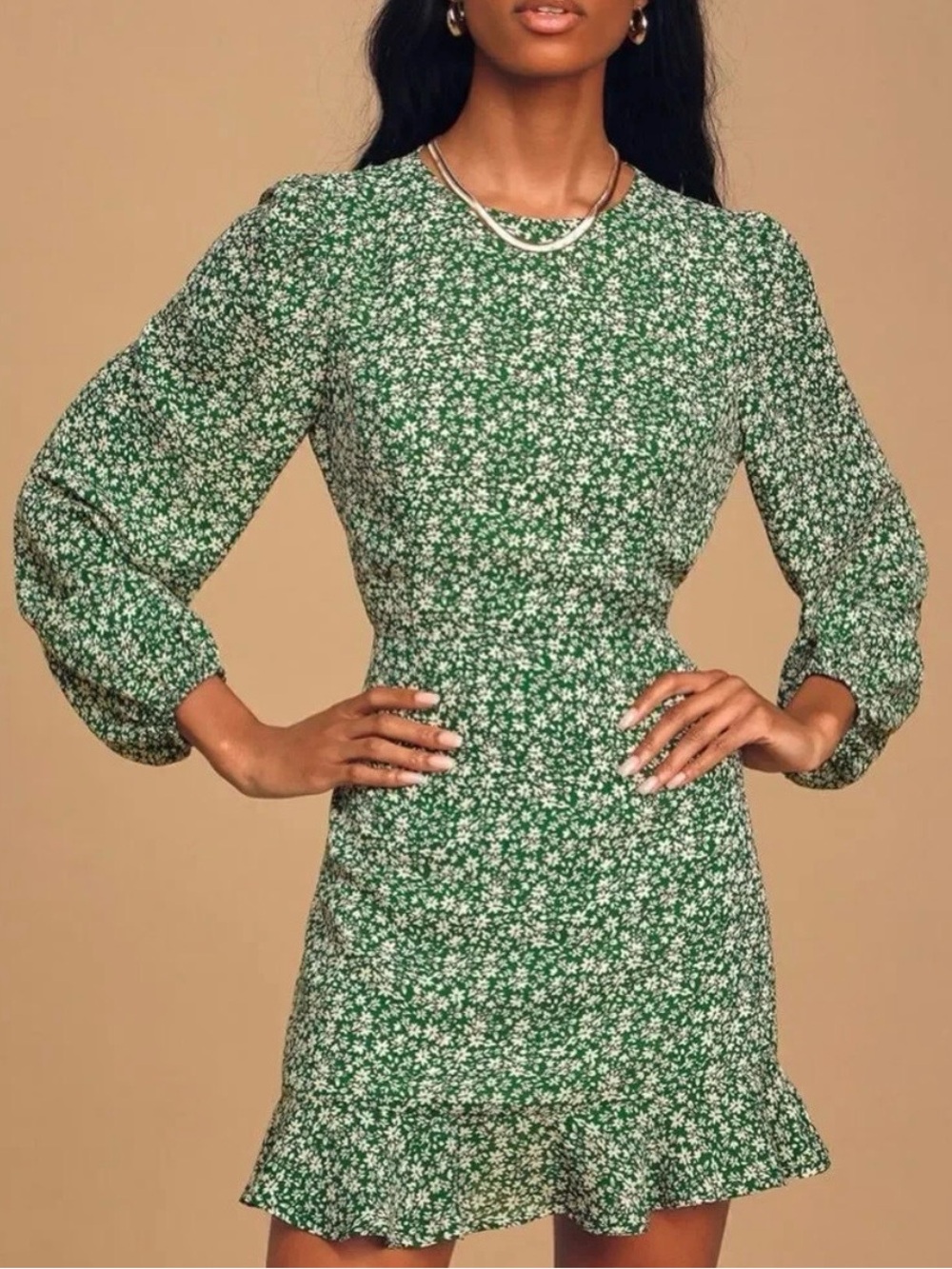 Lulus Green Floral Long-Sleeve Ruffle Hem Dress (Size S)